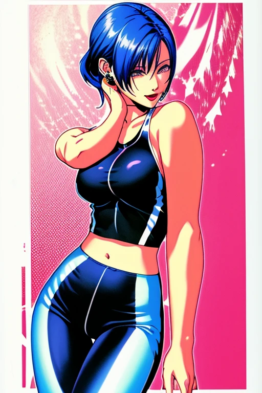 A cyberpunk-style girl of about 17 years old is standing in front of me.。Purple bob hair、Wearing cat ear headphones、Her black pilot suit-style outfit accentuates her figure.。With a proud smile、There is something cute about that expression, like a cat.。The saturation is high、The screen is dark、Purple and blue are the main colors。Her gestures are provocative.、A little devilish