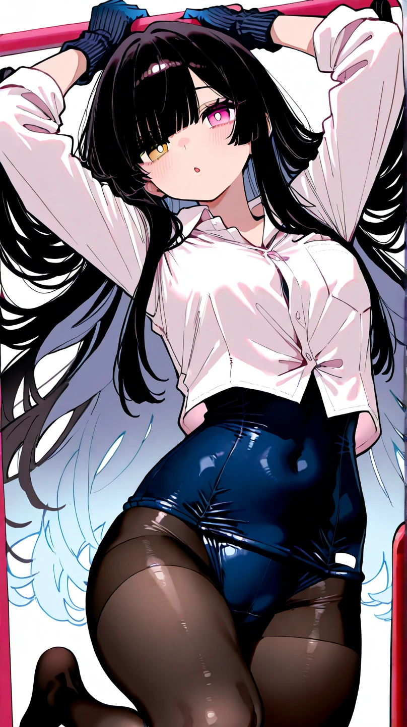 wearing a shirts,skirt by the、nffsw,best qualtiy:1.4, ​masterpiece:1.8, 1 Women, hips up high, beautidful eyes, The long-haired, Ringed Eyes, jewely, large full breasts