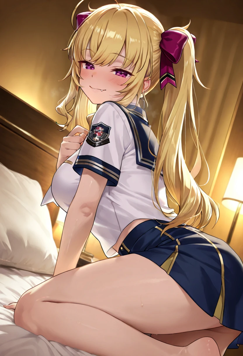 (masterpiece, best quality, highly detailed, ultra detailed, high resolution, absurdres, 4K, 8K:1.2),
BREAK,shimakaze uniform:1.5, 10 years GIRL,Blonde_HAIR,(RED Ribbon on HAIRband:1.2),WHITE tights, hosimiya ichigo,,rawl on all fours,((ass focus, hip focus)),arched back,looking back