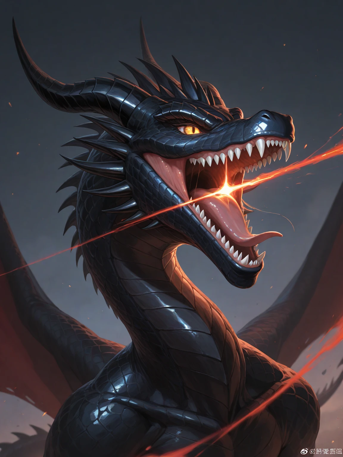 a giant monster hybrid of dragon and spider, in dark dense foggy forest, fire, no humans, open mouth, wings, dragon, sharp teeth, teeth, tail, solo, breathing fire, horns, monster, claws, smoke