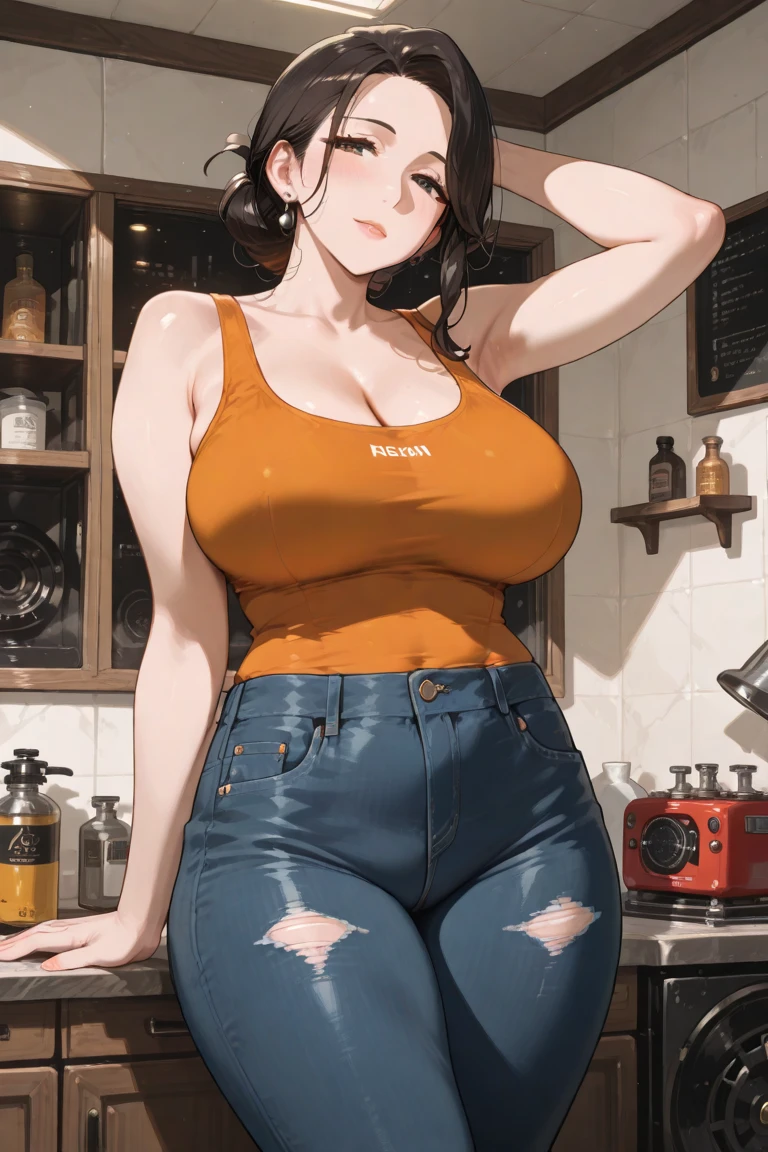 ((highres)), Masterpiece, high quality, best quality, beautiful, perfect lighting, detailed face, ultra cute face, ((1girl)), ((blush)), ((blush)), nervous, looking at viewer, skindentation, short brown hair, green eyes, jeans, tank top, thight clothes, full body, fast food restaurant, medium breasts, perky breasts, cleavage, ((wide hips)), (((thick thighs))), ((plump)), chubby belly, fat folds, standing by a table, hand on hip, holding soda,