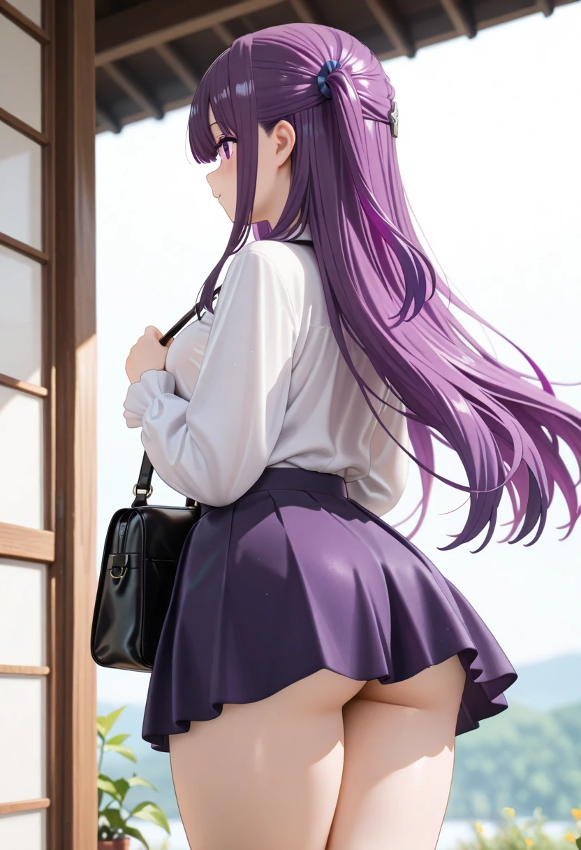 Hugob, nffsw, Purple hair, Long hair, Bangs, (Purple eyes:1.1), (medium breasts:1.2),Blake Black Jacket, Collared shirt, Hair Ribbon,Jacket, Long sleeves, Neck ribbon, Open your clothes, Open jacket, Red Ribbon, bow ribbon, Shirt, sleeves past wrists, White shirt, Wide sleeves,BREAK looking at viewer,BREAK outdoors, BREAK (masutepiece:1.2), Best Quality, High resolution, Unity 8k壁纸, (Illustration:0.8), (Beautiful detailed eyes:1.6), extra detailed face, Perfect Lighting, extremely details CG, (Perfect hands, Perfect Anatomy),Naughty smile with open mouth、、Stand on the escalator, (By up escalator), (lower body shot), Thigh Focus, (Taken from the bottom 1.3), (View from behind1.3)、 (white panties:1.3)、(Skirt that rolls up:1.3)、(Fully exposed panties:1.5)、black thighhighs