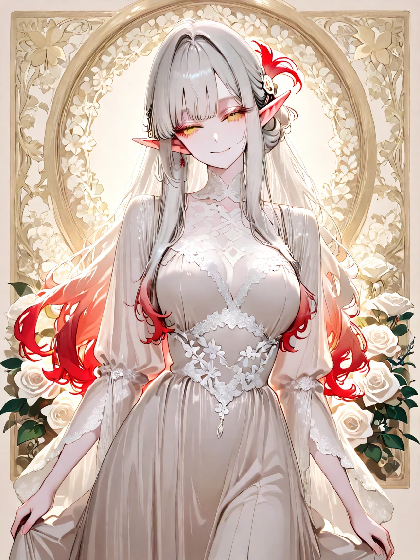 Make me an anime girl with curly pink and blue hair, with clock spring eyes, wonderland style, big black and red queen of heart dress, with a big red bow, and a mad hatter’s hat with bunny ear’s sticking out of the hat, and a big fluffy tail, with a long colorful dress, reference sheet back and front view