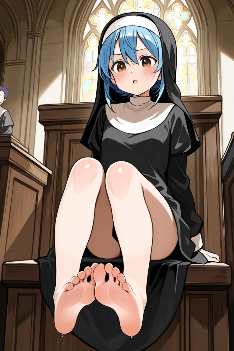 masterpiece,best quality,highly detailed,1girl,solo,worried,concentrating,v-shaped eyebrows,wince,sweat,sweatdrop,blush, mariatakayama, maria takayama, long hair, blue eyes, fang, aqua eyes, BREAK jewelry, heart, necklace, nun, habit, white short skirt BREAK indoors, classroom, BREAK shibari,bdsm,(((shibari over clothes,rope,bound,restrained,bound to a chair))),chair, tape, tapegag, tape on the mouth, gagged, tied, tied up, tied to a chair, bound to a chair, hands behind back, tied ankles together (masterpiece:1.2), best quality, high resolution, unity 8k wallpaper, (illustration:0.8), (beautiful detailed eyes:1.6), extremely detailed face, perfect lighting, extremely detailed CG, (perfect hands, perfect anatomy),