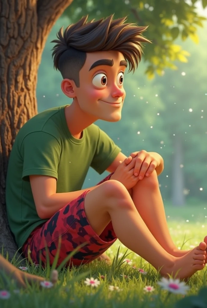 A single younger boy wearing ash colout short and marron colour t-shirt.sitting on bench near lake. Chocolate on his left hand.Comb on his right hand.make realistic image.