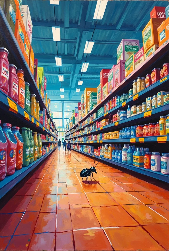 Full body shot of Latexkitty. She is standing on a city street, leaning slightly forward to peer into a shop window, with one hand resting on the glass. The bright lights of the shop create a vibrant contrast against the evening sky. Her tail is up.