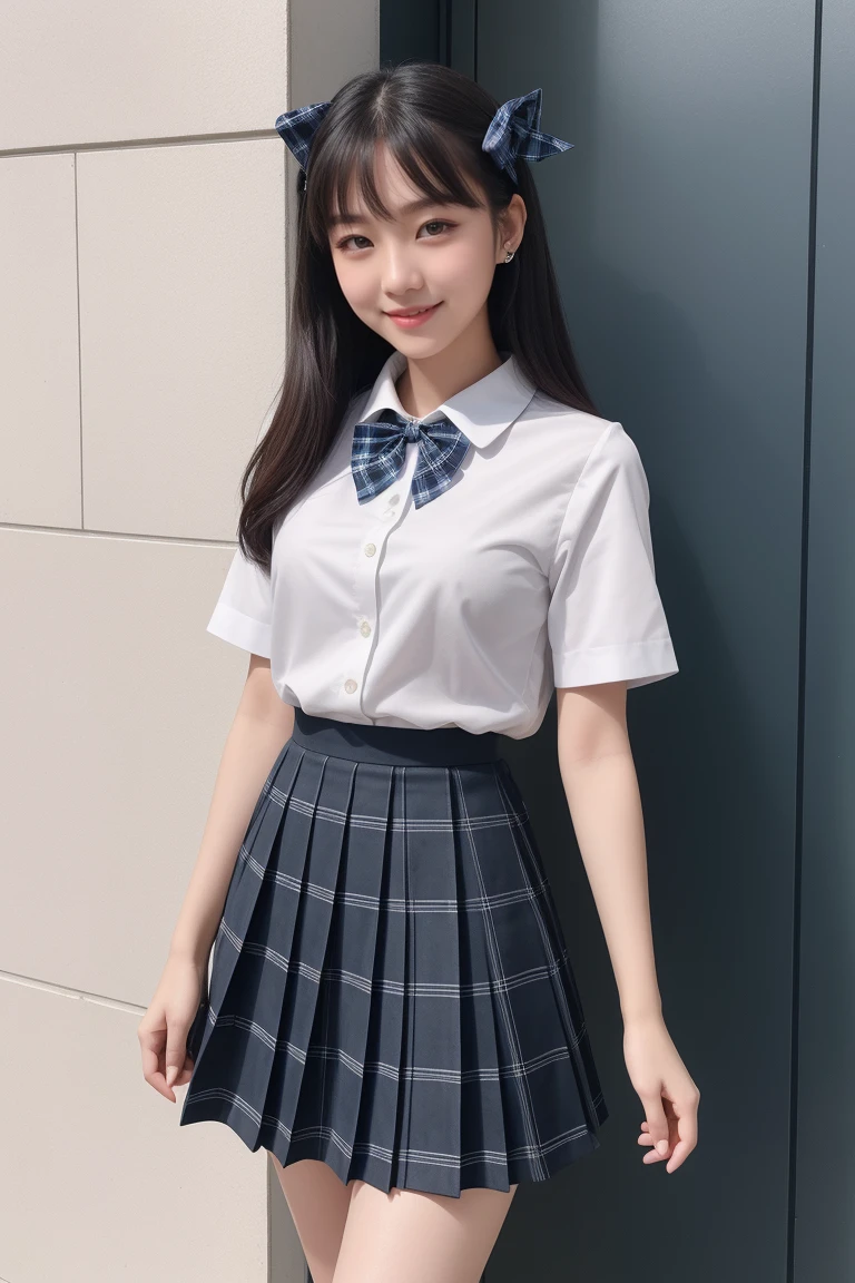 masterpiece, best quality, highres, kitagawa marin, 1girl, blonde hair, long hair, multicolored hair, red eyes, jewelry, earrings, piercing, school uniform, white shirt, tied shirt, black choker, blue necktie, plaid skirt, grin, smile, standing, cowboy shot, classroom,