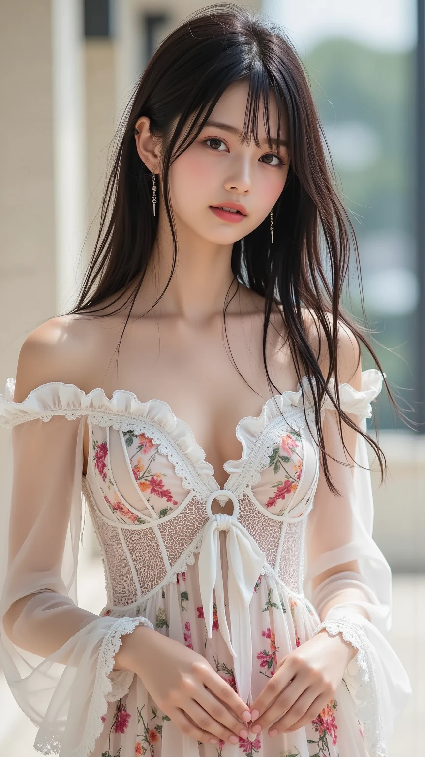 1girl,solo,1girl,solo,((beautiful detailed eyes)), (detailed light),depth of field,silver eyes,hair over one eye,(red flower ), hair flower,long hair,Wet,emotionless,starfall, powders now falling,sketch,upper body,intense shadows,Beautiful nipples,Are thin,Snow flurries danced sparsely in the sky., beautiful sunset,cape,Lonely cape,Beautiful Mature Woman,Slim figure,Small breasts,