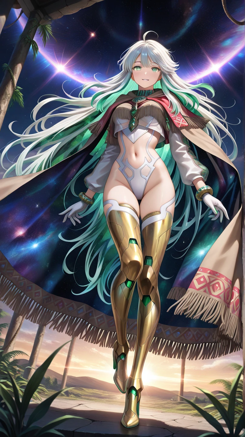 highest quality、Realistic、girl、zoom、Emerald green eyes、Long white curly hair、White Hero Suit、Glossy bodysuit、White Cape、Brown black skin、slender、Dark Skin、Large Breasts、Bust Shot、From below、universe space