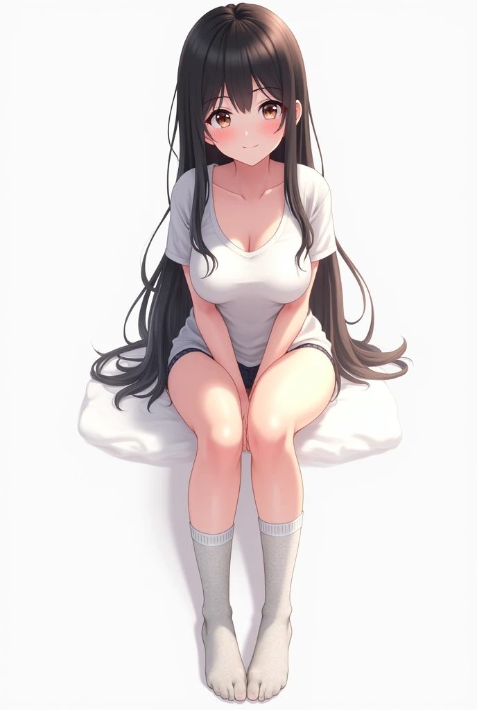 Create an animation about an anime girl with a large neckline who climbs onto a table, sits on it, takes off her shoes and shows her feet