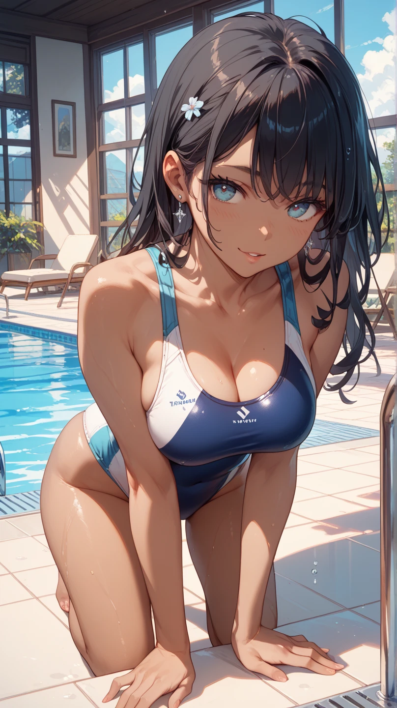 (((masterpiece))),(((High resolution))), (((perfect face)))、(((Japan beauty)))、15 years old, (((swimsuit))), ((top quality eyes)), detailed texture, ((high resolution face)), (at the swimming pool), (((leaning forward)))