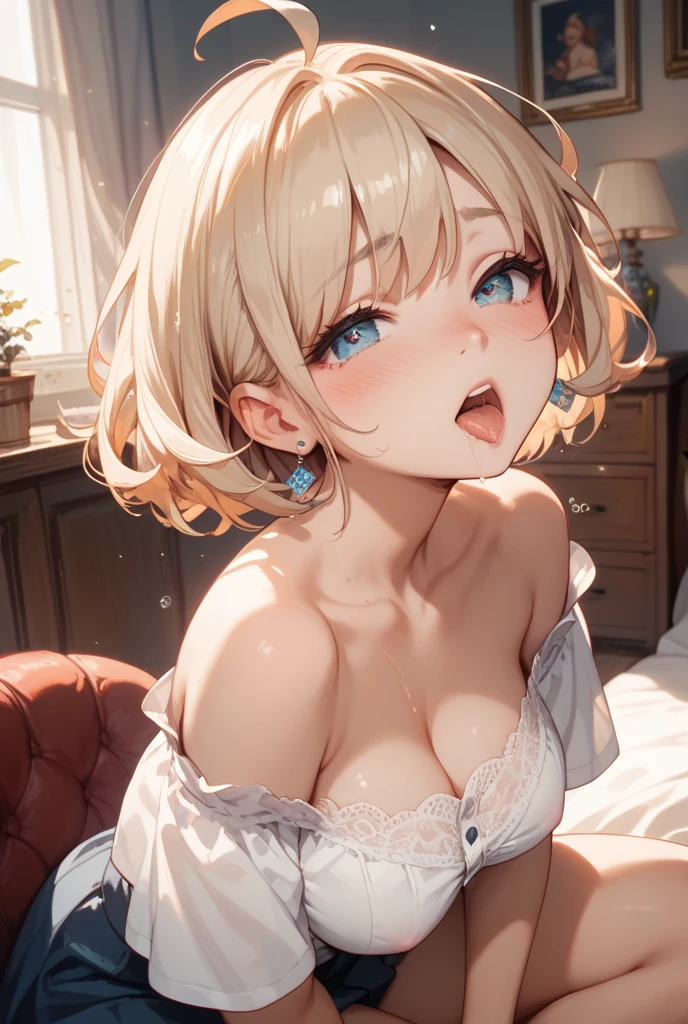 highest quality, masterpiece, High resolution,, One girl,Brown skin bed Lewd swimsuit Masturbation Blonde BlowjobBig Tits Semen is poured on the face Facial Short Hair Ahegao Trained