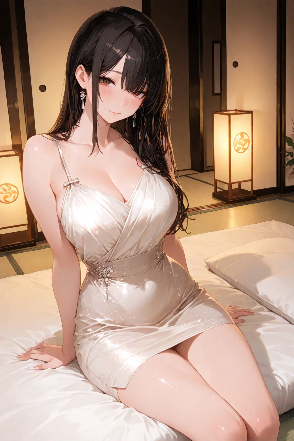 (巨作)), ((Best quality)), (Ultra-detailed), ((kawaii)), kawaii, (Lovely), ((Extremely detailed)), 4K, (8K), Best quality, (Beautiful),(((World-class quality))), Extremely detailed, High resolution, (detailed shaded pretty face), Full body, Adolecente, solo, ((seios gigantescos)), (((Sagging breasts))),((Long hair)),LuxuriousWheelsCostume, silvercleavage dress, oikawa shizuku , armpits, On the bed, From the side Side