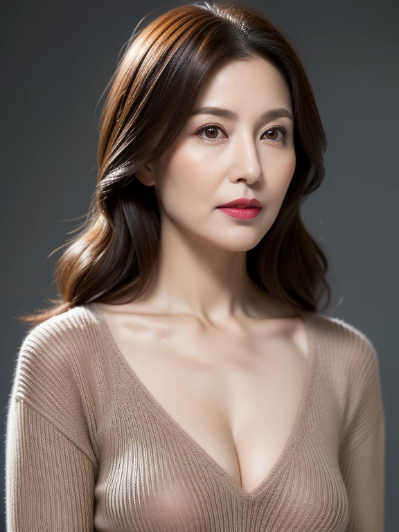 ((highest quality、8K resolution、master masterpiece、professional photography)), Photoreal, (50 year old beautiful mature woman with idol face:1.3), (Wrinkled face:1.2)、upper body photo、(Nude photo from the chest up:1.2)、(solid white background:1.1)、(advertising image:1.1)、wrinkles around the eyes,standing elegantly、(Plump and soft body、clavicle)、(The most elegant and beautiful berry long wavy hair:1.1)、(look at me悲しい表情:1.3)、(look at me:1.1)、(((beautiful big breasts、soft cleavage)))、perfect makeupアップ、Dark red lipstick、perfect makeup、eye shadow、long eyelashes、(Glossy fair skin with super high detail:1.2)