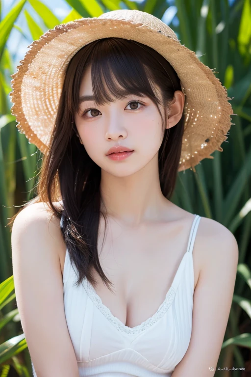 (Best-quality, Masterpiece, Ultra-High-Resolution, (Photorealistic:1.4), Raw Photo, depth of field, professional lighting, perfect anatomy, extremely details), 1girl, 15-years-old, the most famous Japanese idol, wearing summer-clothes, at summer-beach, beautiful sunlight, clear sky, (erotic-mood:1.3), (extremely cute face, ((extremely cute and extremely big eyes)), (extremely beautiful skins), extremely cute long-eyelashes, extremely cute lips)