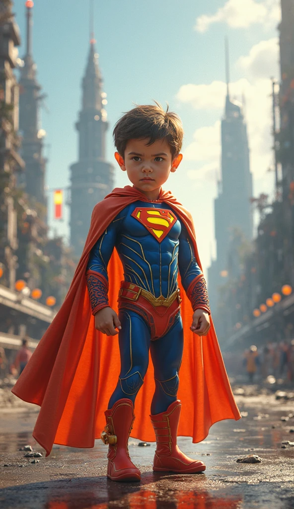 Close a powerful threat, The imposing appearance of the powerful baby-shaped Superman dressed in beige uniform, azul-marinho e bronze em uma manjedoura, menacing stare, ricamente detalhado, Hiper realista, 3D-rendering, obra-prima, NVIDIA, RTX, ray-traced, Bokeh, Night sky with a huge and beautiful full moon, estrelas brilhando, 8k,