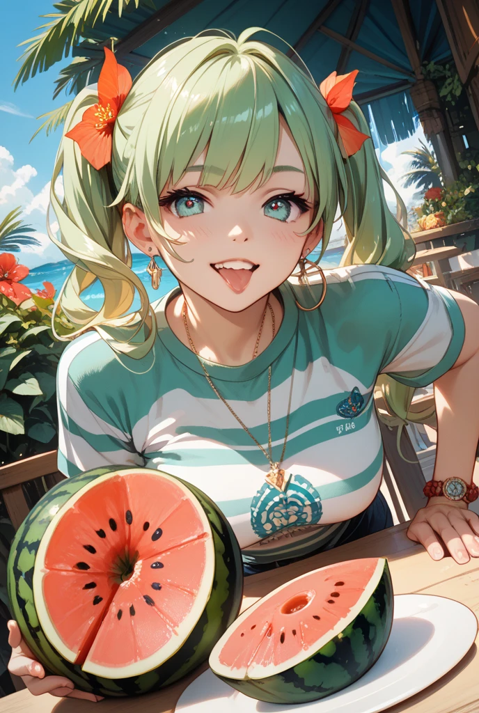 masutepiece、kawaii、High-level image quality、Hiqualidade、realista、1 menina、Coke head、cabelos verdes、Watermelon print bikini、olhos vermelhos、Olhos Radiante、Melancias、夏天、um rio、