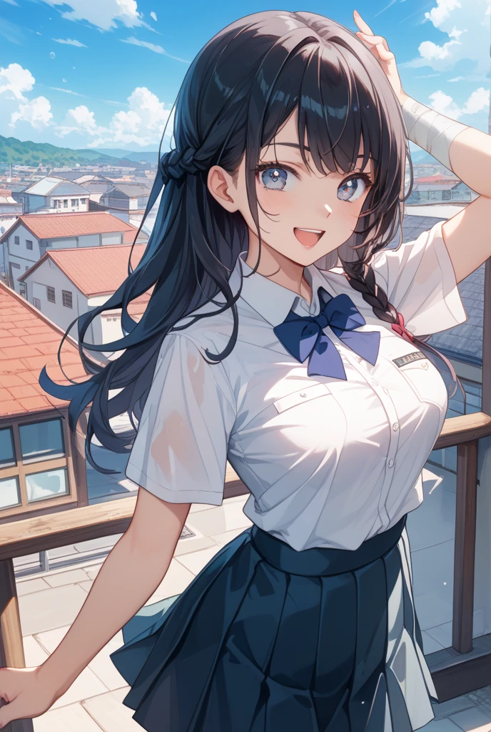 (((​masterpiece,top-quality,超A high resolution))),1womanl, ,((()),Beautiful breasts,12year old,,(((open open mouth))),(((A smile))),(((Nariko Saten))),,(((Best Quality,4K,in 8K))),((The wind is trying to ruin my skirt)),(((School uniform)),