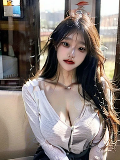 ((best qualtiy, 8K, tmasterpiece:1.3)), Sharp:1.2, perfect figure beautiful woman:1.4, Slim abs:1.2, ((Layered Hair Style, huge tit:1.3,cleavage:1.2)), (A long shirt with transparent wet white buttons：1.1），（Sateen，the street：1.2），Get wet：1.5，Highly detailed facial and skin texture，A detailed eye，二重まぶた，Look sideways at the camera