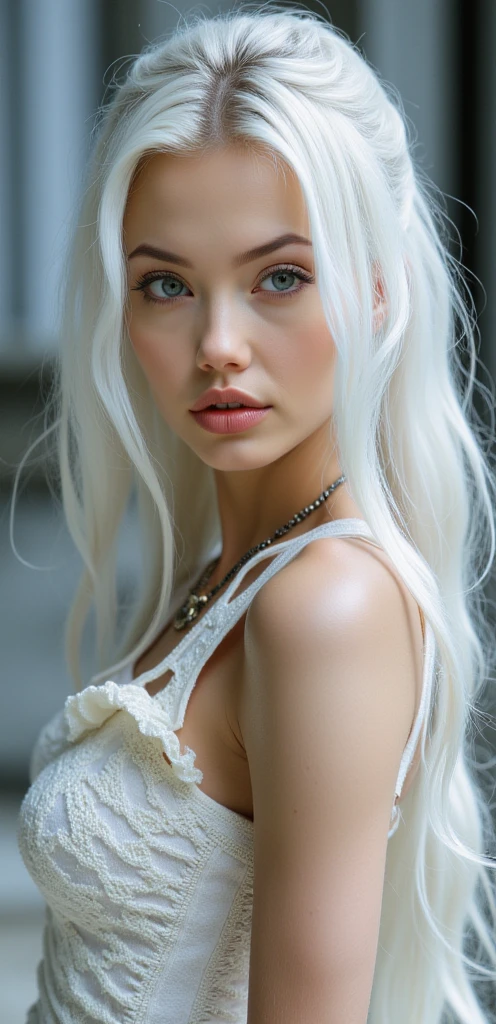1 girl, (highest quality:1.4), (super detailed), (detailed light), (Highly detailed beautiful face), wonderful face and eyes, clear blue eyes, beautiful white hair, WHITE hair fluttering in the wind, Beautiful sheer off-shoulder lace, beautiful breasts, Highly detailed CG integrated 8k wallpaper, High resolution raw color photos, professional photos, dynamic lighting, (nipple:0.95), sunny, Ocean, Palm tree,