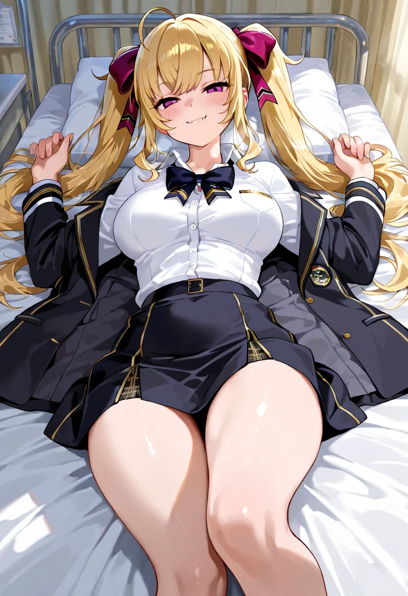 masutepiece, Best Quality,hyperrealistic illustrations,NSFW,Detailed Focus:1.3, 1womanl,winter school uniform,slender physique,On the bet,((Lying on your back:1.3)),(Spread legs:1.3) ,(White G-string panties:1.3),Looking at Viewer, Cute, medium breasts, Yellow eyes,  Pleated skirt with tartan plaid pattern,Black Blazer,  Yellow hair, Long hair,Beautiful detailed eyes, embarrassed, is crying,Late night bedroom background,(Low position shooting: 1.5),(Close-up in the crotch:1.41),depth of fields
