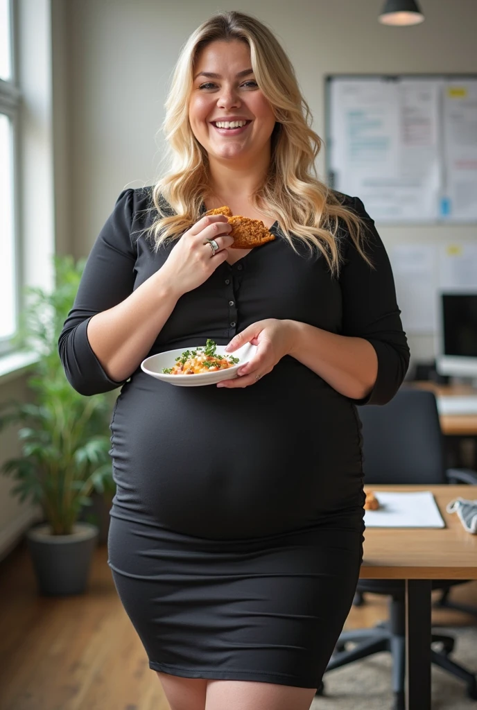 a pregnant mature woman eating a lot of food., photo