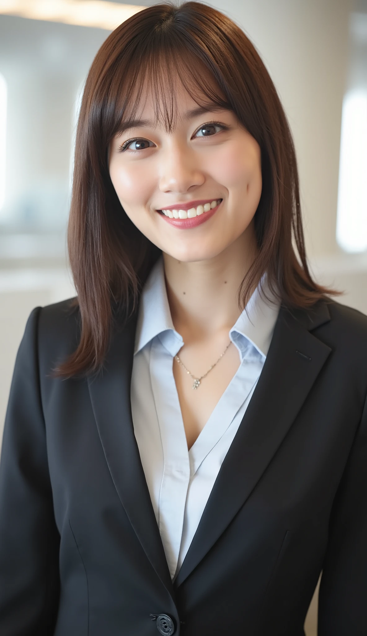Neat Young Woman、and look at the camera、office lady suit、jacket、shirt、necklace、ear piercing、 pale brown hair、、smile showing teeth、、background is office