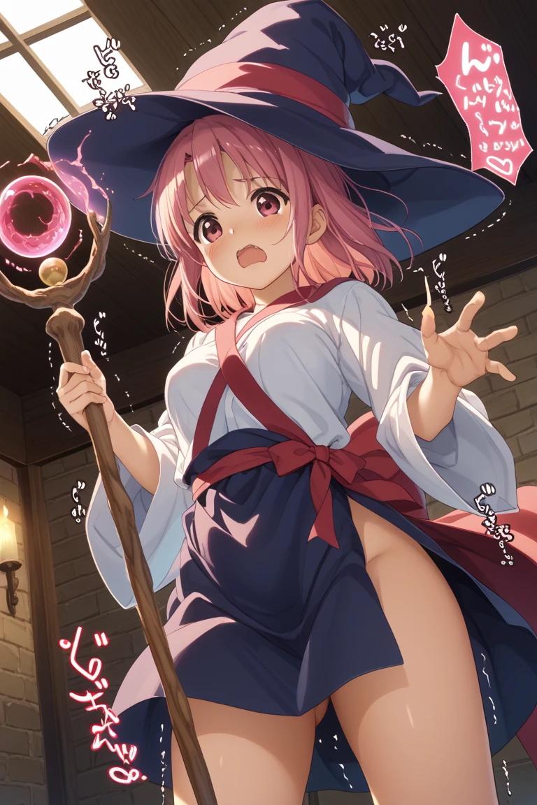 Magical Girl、kindergarten body,（Light blue and pink 1:1）、cute,kawaii,、Long hair、Wavy hair、​masterpiece、best quality、top-quality、detailed witch outfit、witch's hat、A dark-haired、Very long hair、jitome,full body,magic wand,embarrassed,flashing,jams,dynamic angle,lightning ,smooth skin,showing pink panty