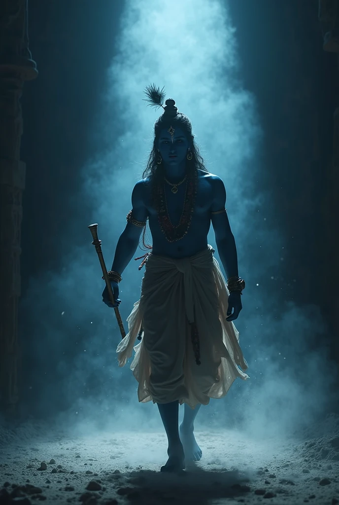 Uma era of kaliyuga, a devotee of krsna serving the lotus feet of Sri Caitanya Mahaprabhu passing through a tunnel of darkness and light