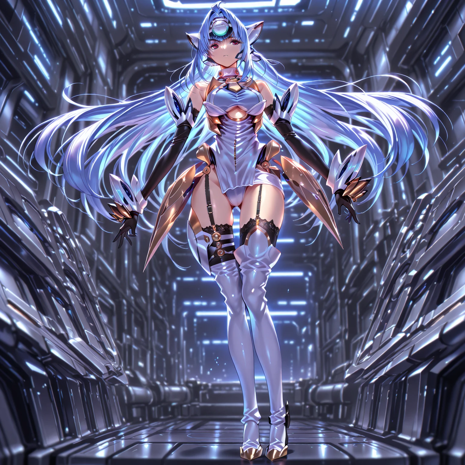 <lora:ChromeTech-21:0.8>,chrometech , scifi, metallic , chrome ,
1girl, tattoos, glowing tattoos, glowing eyes, colored glowing hair , full body,long hair,
<lora:NeoFuturisticTech-20:0.7> neotech, sleek,