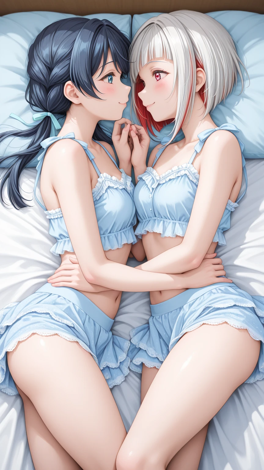 (Cute and adorable age girls in a playful slumber), (detailed and dainty), (shoujo-ai theme), (two girls on a single bed), (wearing matching lacy underwear), (tickling game), (anime-inspired style), (innocently sweet and hot), (curvaceous with chubby cheeks, sparkling eyes, and full lips), (high-resolution, top-quality medium), (ultra-fine lines and colors for dainty details), (dildo and masturbation sensually implied), (NSFW), (vibrant and lively illustration).