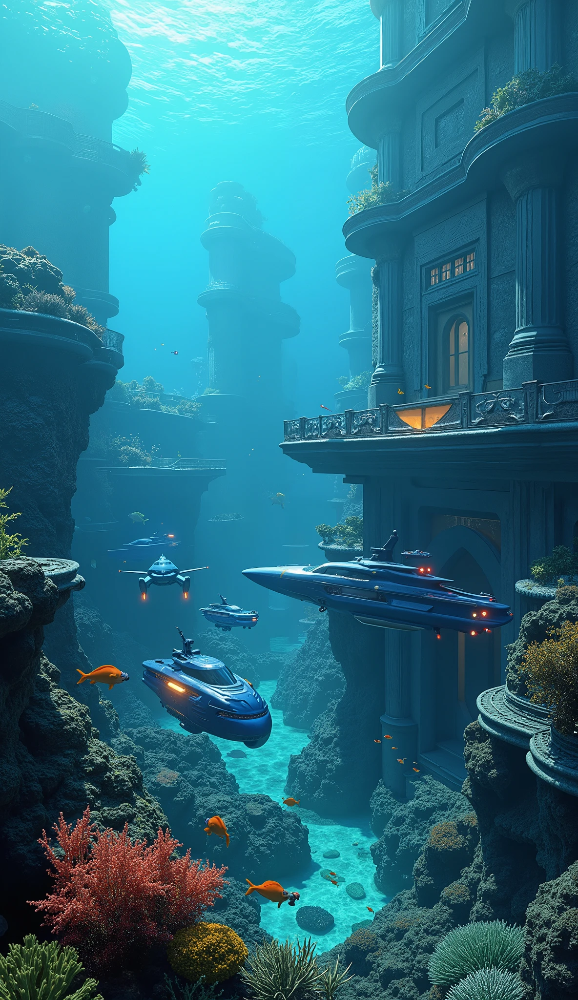 highdefinition images,Undersea City、A scene from the movie,colorful cities on the sea、Aegis ships and cruisers in urban spaces developed in the ocean、colorful cities above the sea where yachts etc. are anchored、Secret islands in the Caribbean