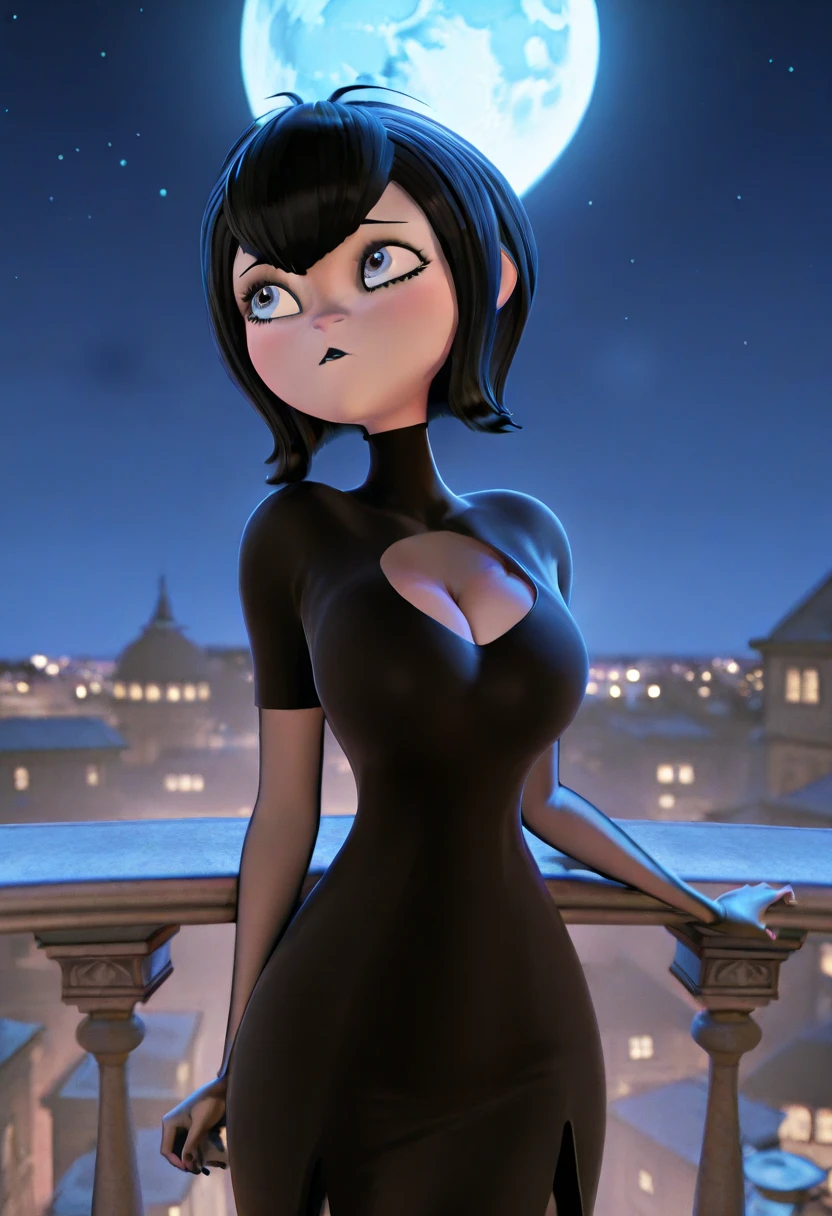 (body shot: 1.6), (masterpiece, photorealistic, photorealism, best quality, ultra detailed: 1.3), (full body), (beautiful hands, perfect hands), official art, cinematic light, (1 girl: 1.3), (solo: 1.4), adult, (hyper realism), retro art style, full moon, village, ((Mavis Dracula)), teeth, blush, black clothes, smile, young woman, medium breasts, (emo: 1.7), (black eyelashes, light blue eyes, eyeliner, black lipstick: 1.5), diamond earrings, (black hair: 1.5), staring, dark evil, night, ambient candlelight, Hotel Transylvania, (bat), depth of field