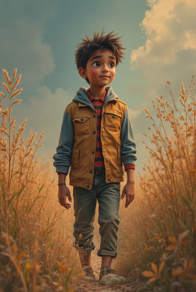 Personagem de desenho infantil em um campo aberto , Looking at your little bird friend in the sky , menino negro, (afetos faciais detalhados)(((baby))), arte do filme, tiro limpo, ghailan!, como um personagem pixar, jovem bonito, afro, grace and blessing, (((sorriso bonito))), renderizado em irreal, imagem promocional do filme, imagem renderizada --auto --s2