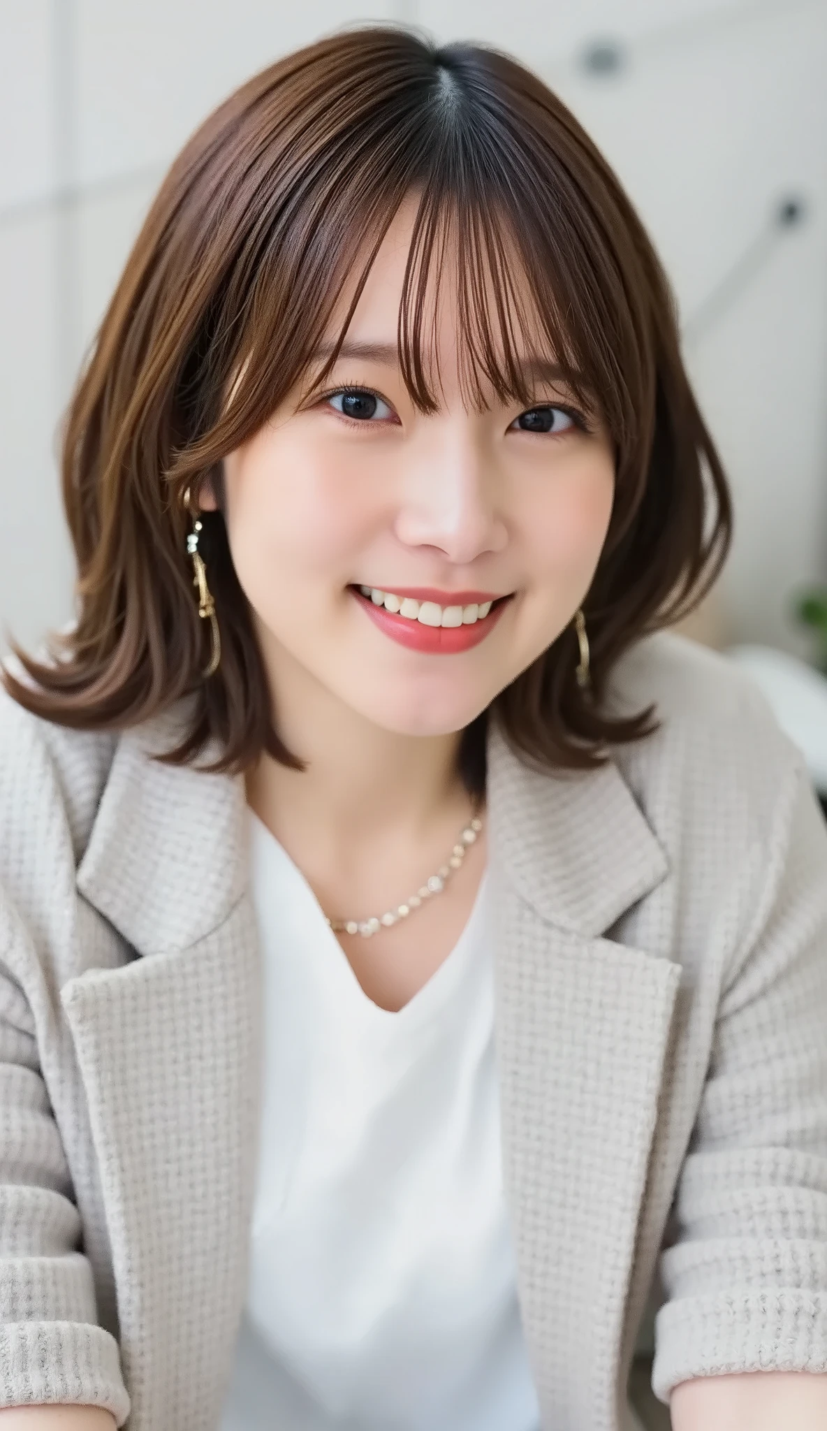 Neat Young Woman、and look at the camera、office lady suit、jacket、shirt、necklace、ear piercing、黒髪、、smile showing teeth、背景はオフィス