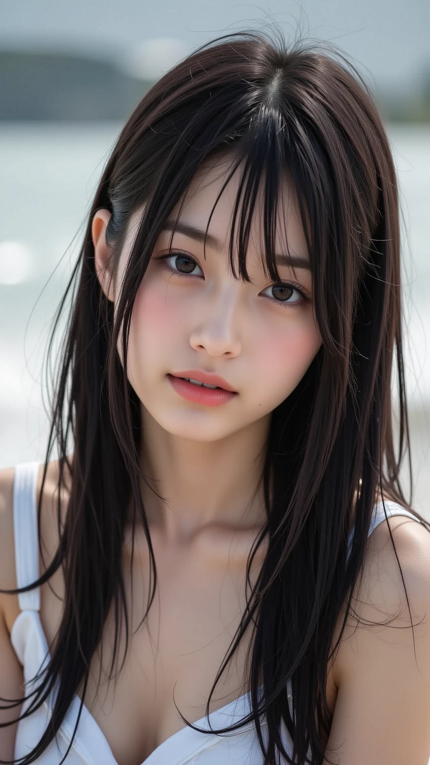 ((Highest quality)),((8K、32k)),(Genuine)、(detailed)、(Beach)、((Bust up shot))、((face closeup))、(White skin)、(Big Breasts)、The best balance between face and shoulder width、Micro Bikini、Shiny Hair、Short Bob、Glowing Skin、Japanese、beauty、Looking into the camera、Thick lips、cute、Hehehe:1.2、Shot with a film camera、RAW shooting、#24、Genuine、フォトGenuine:1.4、Photon Mapping、Physically Based Rendering、Perfect Anatomy、detailedなデコルテ、detailedな目、detailedな二重、detailedな咬筋、detailedな鎖骨、Perfect Fingers、Finger Description、(品質 8K)、((White skin))、Avoid mascara、Hair with movement、detailedな毛穴、Natural light、detailedな描写、Blushing、Fine pores、Perfect cleavage、masterpiece、Blushing、detailedな腹筋、sexy、detailedな脇の下、(slender)、(Upper Body)、detailedな目元、bangs、