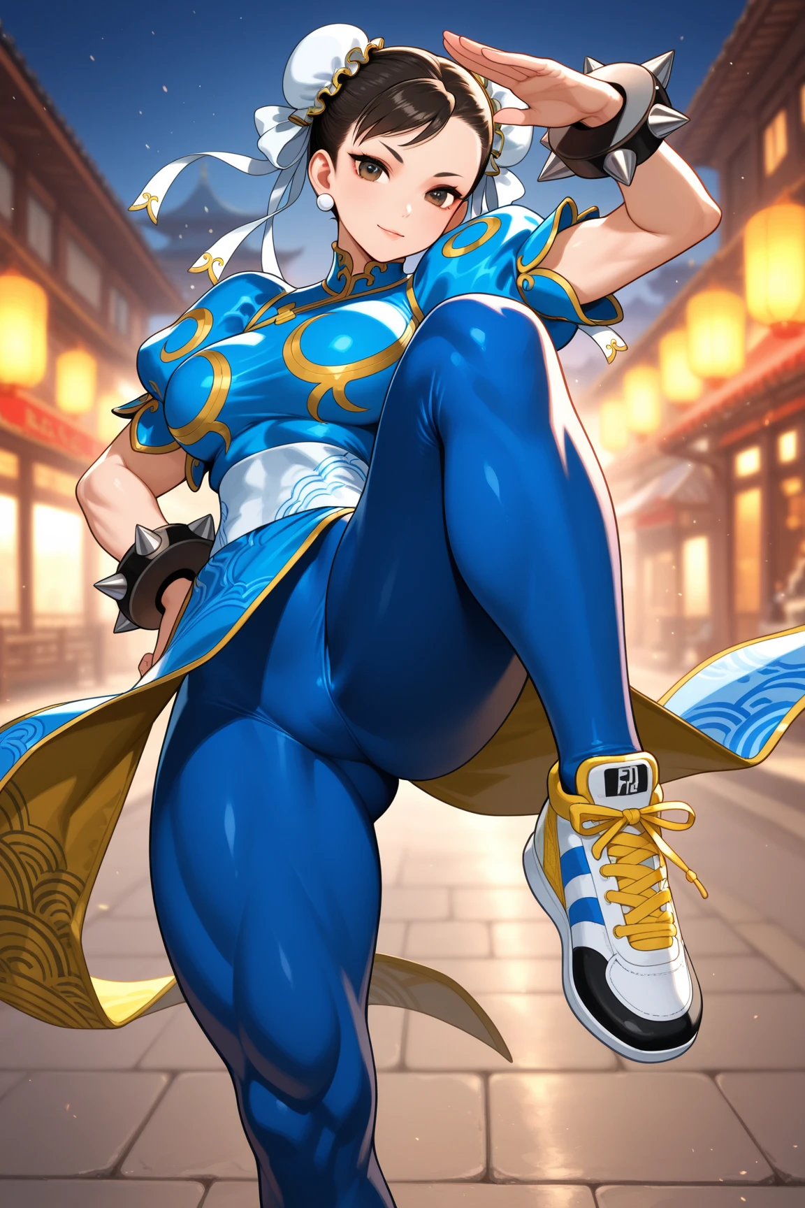 Chun-Li from Street Fight II,The perfect Chun-Li costume,Blue Chinese dress with gold lines,Bunhead,Good cover,Fighting Pose,masterpiece、1 beautiful girl、Highest quality, 超High resolution, (reality: 1.4), Cinema Lighting、Japanese、Asian Beauty、so beautiful、Beautiful Skin、Body facing forward、Face close-up、(超reality的な)、(High resolution)、(8K)、(Very detailed)、(Beautiful and beautiful eyes)、(Very detailedな)、 (wall-)、Detailed face、Bright lighting、Professional Lighting、Diagonal bangs、Nogizaka idol、masterpiece, Highest quality, masterpiece, Highest quality, Perfect Face, Perfect brown eyes with white sclera, Bad move -5, alone, 1 Girl, Upper Body, Brown Hair, From SF2,  Muscular woman, Blue clothes, pantyhose, Pelvic Curtain, Puff short sleeves, Good cover, sash,切り刻まれたBlue clothes、Bleeding from many wounds、Both hands and feet are tied with ropes、Get down on one knee、enduring pain。