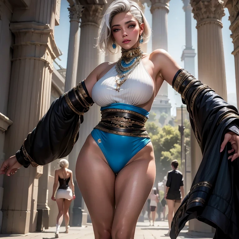 (masterpiece:1.2, best quality), (very detailed face, real picture, realistic skin, realistic body, intricate details), ((full body)), 1lady, solo, upper body, big , Dark skinny jeans, oversized sweater, ankle boots, Loose waves, simple hoop earrings, (in Park), Pirotess, (yellow eyes), white hair, silver hair, very long hair, straight hair, solo, adult woman, tall, slightly muscular, large breasted, cleavage, constricted waist, Toned body, slight abs, thin dark skin, pointy ears, lipstick, makeup, black eyeshadow, circlet, white short dress, jewelry, bracelet, white gloves, thigh boots
