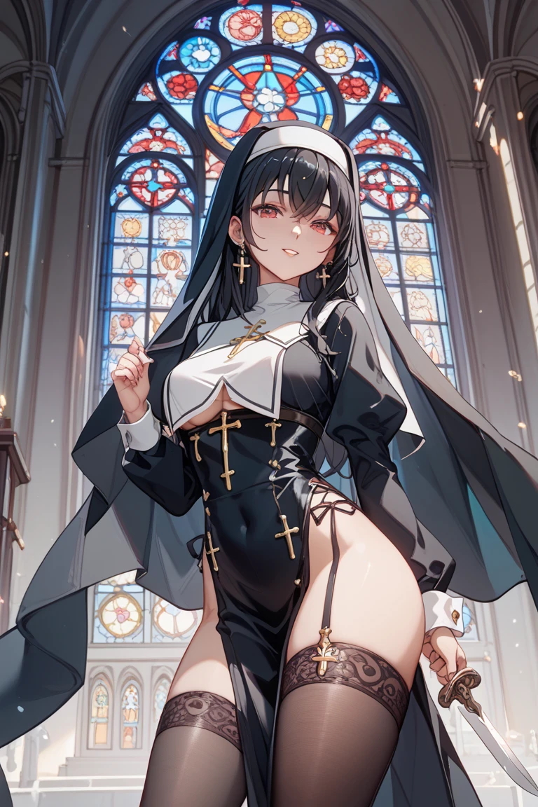 In the intimacy of her bedroom, a woman with an alluring allure lies bare below a beautiful, transparent black and white nun's veil. Her voluptuous figure, characterized by a medium-sized chest and long, dark hair cascading down her back, is illuminated in the soft glow of the room. Her large, captivating black eyes reflect the unspoken seduction.
The veil, suspended delicately above her head, shrouds her in an ethereal aura, while the crucifix on the wall watching over her adds an intriguing contrast to the sensual scene. Her exposed chest, framed by the latticework of the veil,