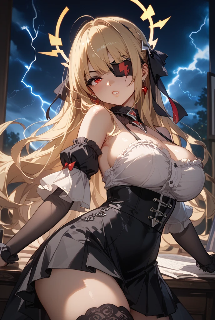 top-quality、Top image quality、​masterpiece、girl with((20yr old、Best Bust、big bast、Bust 85,Red eyes to issue、Breasts wide open,Valley、Blonde long hair、A slender、Large valleys、Slouching posture、Blue suit with an open chest、Red short skirt、)）hiquality、Beautiful Art、Background with((Lunar surface)),Depth((cracked earth))masutepiece、visualart、depth of fields、