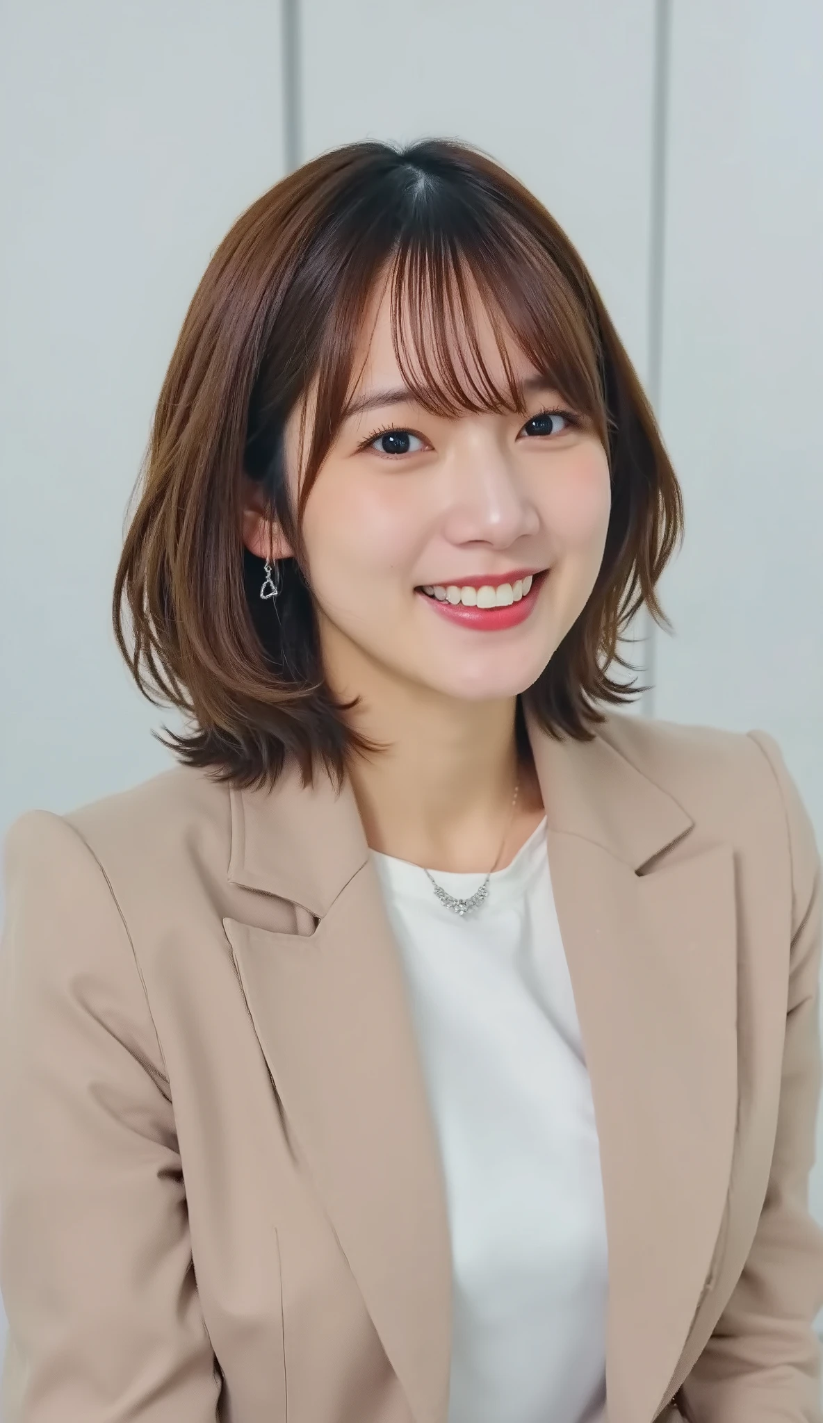 Neat Young Woman、and look at the camera、office lady suit、jacket、shirt、necklace、ear piercing、黒髪、、smile showing teeth、背景はオフィス