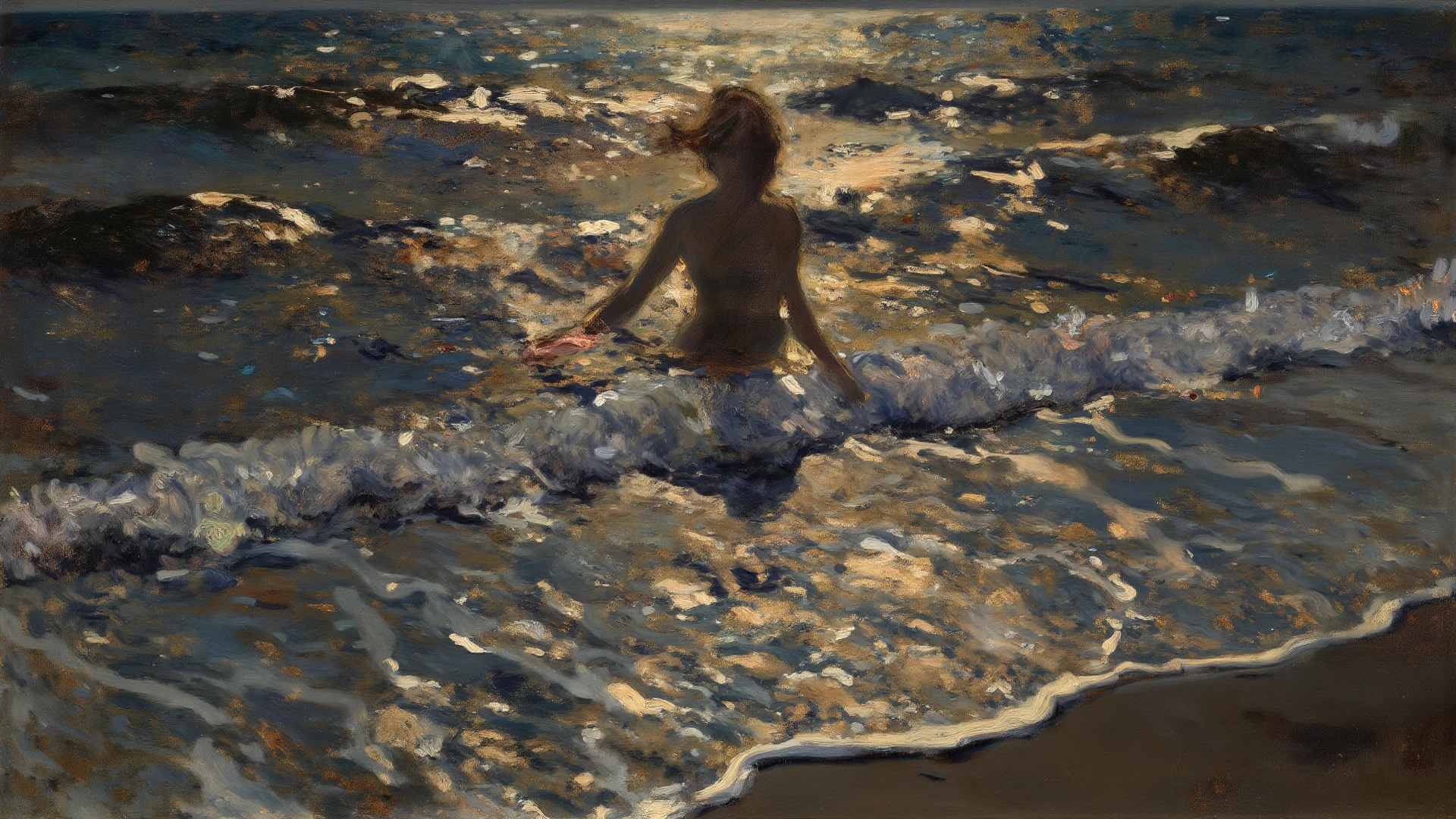 Tranquil voyager girl, in watercolor style, Photorealism, discreet pink and mint shades, barefoot, blonde hair, nudity
