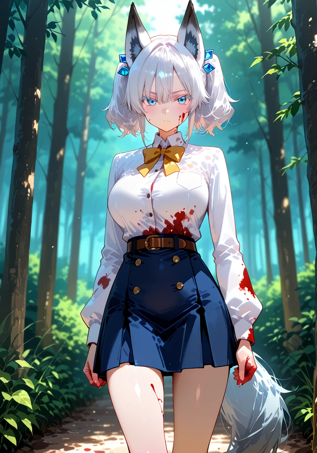 ((blood droplets)), ((blood)), ((blood splatter)), ((blood on clothes)), ((blood stain)), Masterpiece, Beautiful art, professional artist, 8k, detailed body, Very detailed face, very detailed eyes, Detailed clothing, detailed fabric, Best Quality, better resolution, 1 girl, bronya zaychik \(Honkai Impact 3rd\), front view, standing, big breasts, serious expression, At night , short silver hair, glasses, choker:1.6, (white collar button down long sleeve shirt), (shiny black corset), black gloves that cover your hands, (holds an ax with his right hand), (shiny black leggings), evening de invierno, Dark road, dark forest, evening, Atmosphere, fog