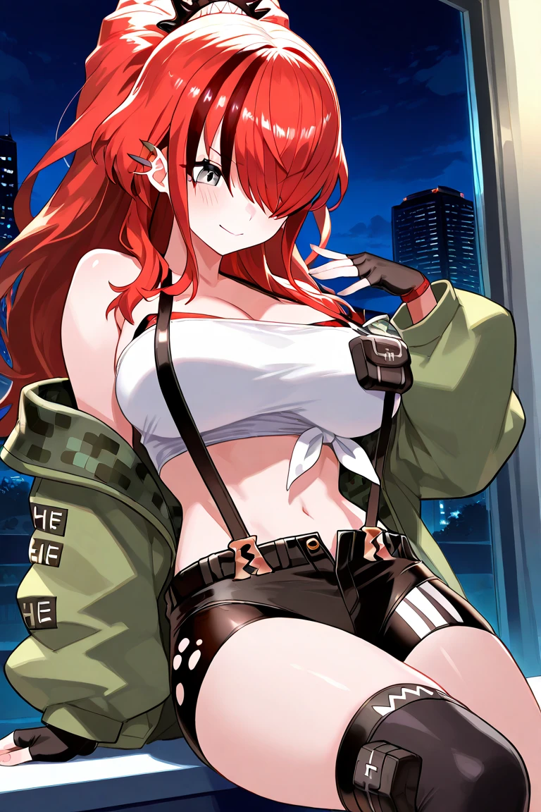 score_9, score_8_up, score_7_up, source_anime BREAK 1girl, solo, <lora:estelle-pdxl-nvwls-v1:1> scEstelle, twintails, orange eyes, brown hair, <lora:redhood-nikke-richy-v1_pdxl:0.8> headgear, red scarf, crop jacket, red jacket, black shrug \(clothing\), navel, midriff, zipper, cleavage, large breasts, suspenders, fingerless gloves, belt, black pants, asymmetrical legwear, hip vent, outdoors, post-apocalypse, ruined city, debris, destruction