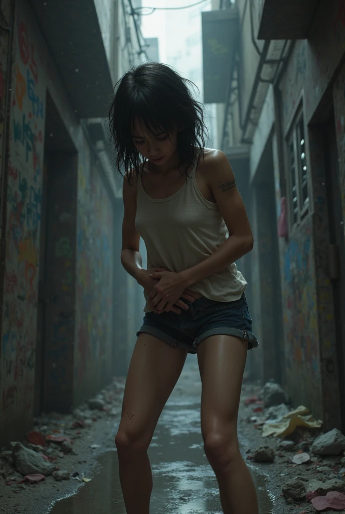 Two high school girl street fighters fighting in a back alley。She is cornered against the wall and suffering.。Her body is being punched hard by her opponent.。Her body and face are covered in bruises、Bloody。Muscular body。Six Pack Abs。Short black hair。shortness of breath。Drooling from the mouth。One eye closed。Exhausted。Drenched in sweat。Erect nipples。Denim shorts。Sports Bra。Open Finger Gloves。