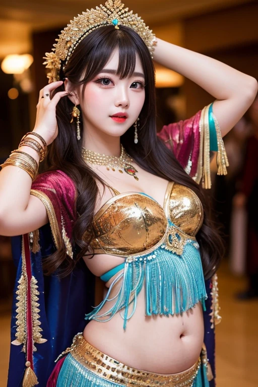 Ultra high definition、masterpiece、correct、Anatomically correct、Textured skin、Very detailed、High detail、high quality、最high quality、High resolution、8k、Surrealism、Raw photo、whole body、Beautiful Teenage Woman、One Japanese woman、Big beautiful eyeedium chest、A Japanese girl with long brown hair wearing a belly dance costume and belly dancing