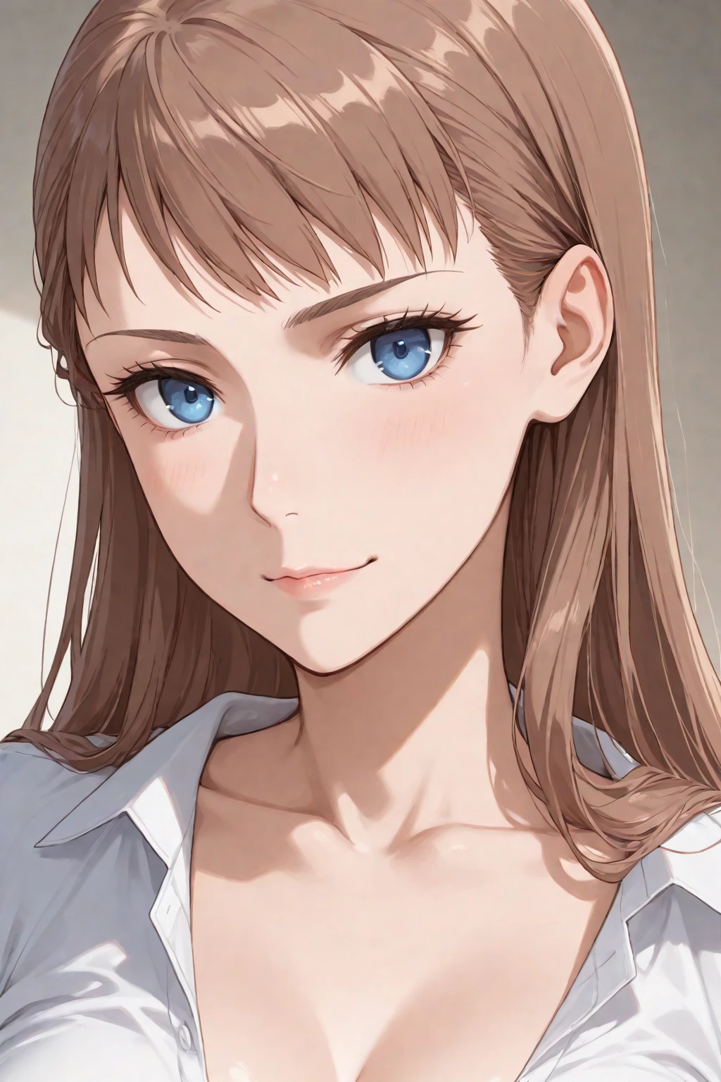 (best quality, highres), cool adult woman, elegant, long hair, swept-side bang, [[brown hair]], blonde hair, white shirt, cleavage, brown eyes, inside house, detailed facial features, confident pose, vibrant colors, (from above:1.3), close-up face