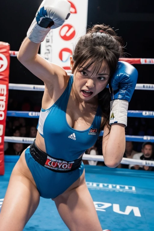 highest quality)), ((masterpiece)), (detailed), Perfect Face, young, 17 years old, beautiful, Japanese, woman, one person, No bra, No underwear, Amazingly large breasts, Female boxer, White boxing thong shorts, Black nipples, Are standing, barefoot, smile, refreshing, Stretch your arms up, Legs open, Responding to the cheers, After the match, winner, Wet, Refreshing feeling, fun, Boxing Ring, Boxing gloves, 4K, Photo style, camera