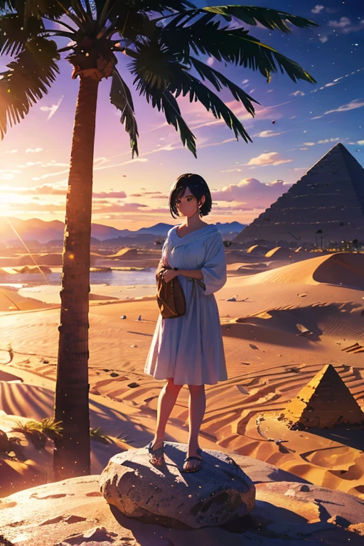 (A Certain Science Railgun, Misaka Mikoto), brown skin, school uniform, (pink medium hair), young, cute, beautiful girl, perfect style, big, emphasized cleavage, expressionless, realistic, realistic, 8k, very detailed, highest quality, best quality, super high definition, masterpiece, one girl, (background is Egyptian pyramids),
