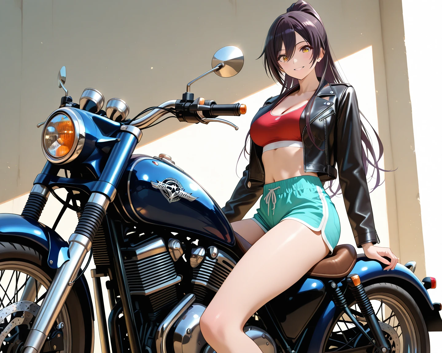 Cartoon of a woman riding a motorcycle with a large tank on the back, Mechanized Valkyrie Girl, bikini + Tattered military equipment, Mechanized Soldier Girl, Kashert Kenz, Inspired by Shiro Masamune, Anime Art Vehicle Concept Art, By Akihiko Yoshida, top rated on Pixiv, trending on Pixiv, Pixiv,Cartoon of a woman riding a motorcycle with a large tank on the back, Concept art inspired by Masamune Shirow, Topics on pixiv, Self-sastructing art, Mechanized Valkyrie Girl, bikini + Tattered military equipment,(Denim hot pants:1.3), Mechanized Soldier Girl, Kashert Kenz, Anime Art Vehicle Concept Art, Top rated on pixiv, Dieselpunk Art Style,(Shiny amber hair:1.6), (Wavy medium hair:1.6), (Brown beautiful girl), (Healthy dark skin), (Sunburn mark), clavicle